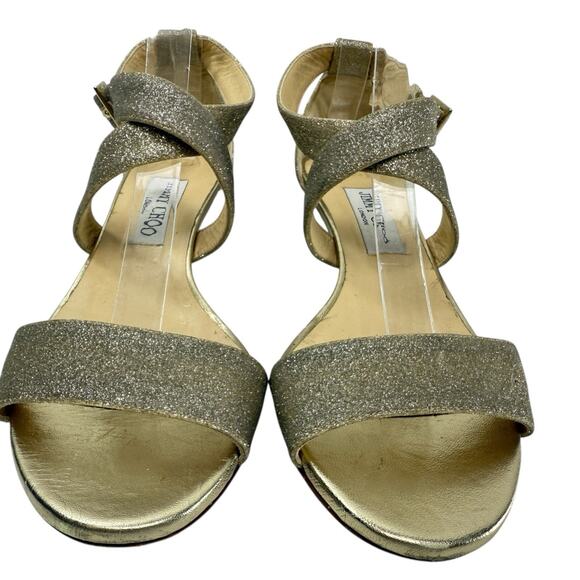 Jimmy Choo Chiara Sandal Size 39 /9 Cross Strap Open Metallic Gold Glitter Wedge - Picture 3 of 14